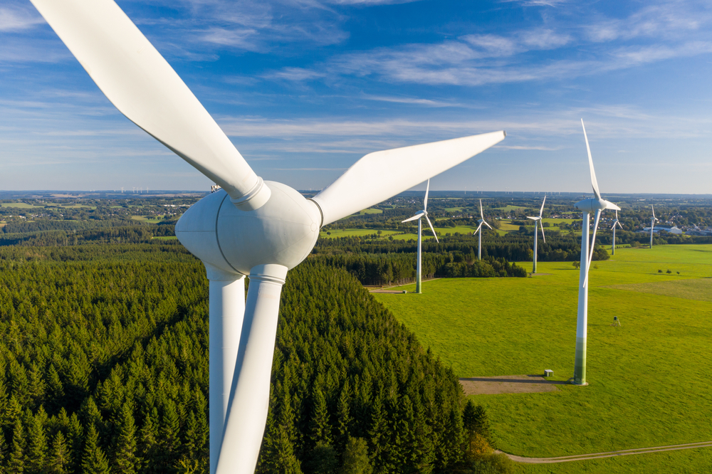 A closeup of a wind turbine.