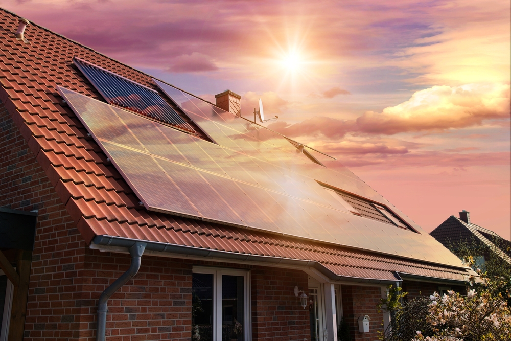 Solar panels on a rooftop of a house.
